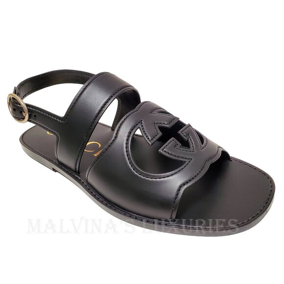GUCCI SHOES MENS BLACK LEATHER CUTOUT INTERLOCKING G LOGO SANDALS sz 11 / 11.5 - Picture 7 of 14